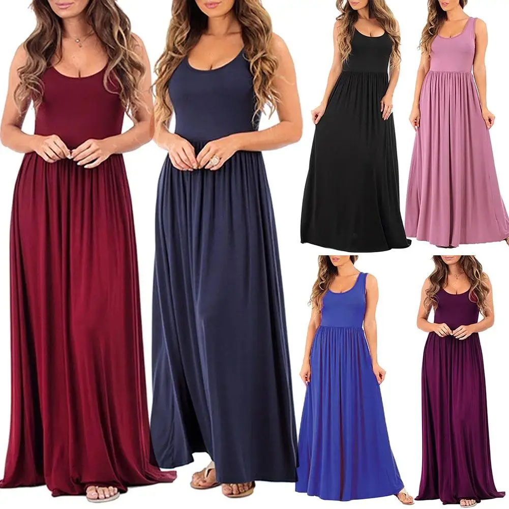 

New Plus Size Summer Women Solid Color Pleated Sleeveless Round Neck Maxi Dress