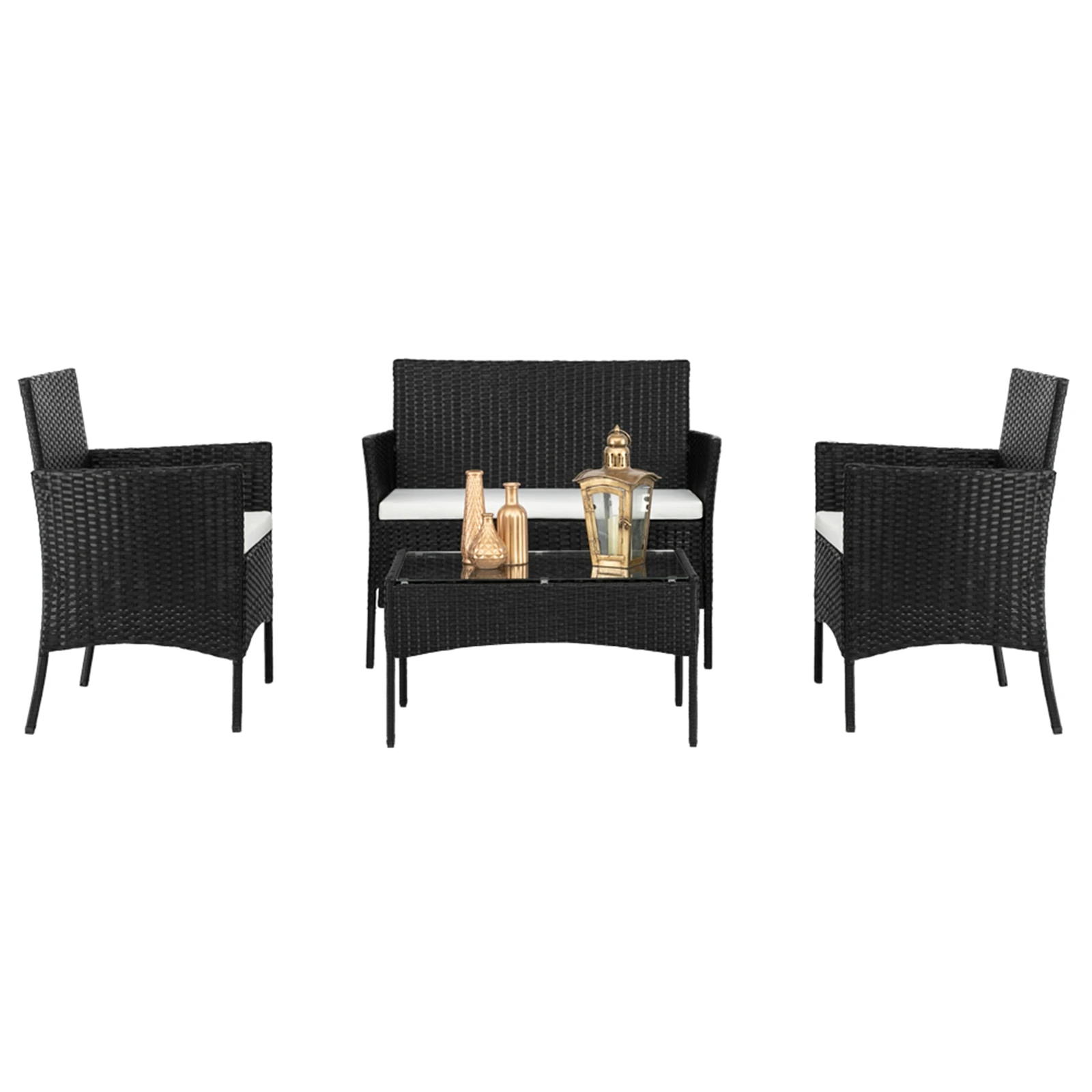 

2pcs Arm Chairs 1pc Love Seat & Tempered Glass Coffee Table Rattan Sofa Set Black Outdoor Furniture Set