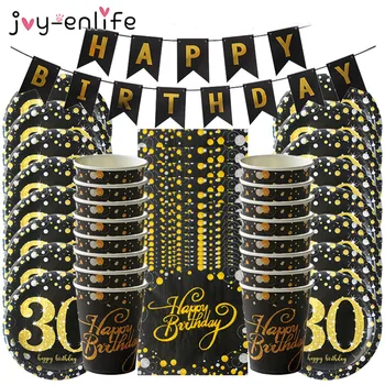 

Black Gold Party happy birthday 30 Years Disposable Tableware Set Birthday Party Decorations 30th 40th Adult Anniversary parties