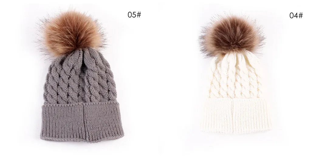 Grey and white Puseky для новорожденных милый ребенок зимняя шапка с мехом шаром помпоном цепочкой Кепки для детей, для девочек и мальчиков, зимние вязаные шерстянные шапки Кепки s для девочек с каймой, шапка, шапки-бини - Цвет: Grey and white