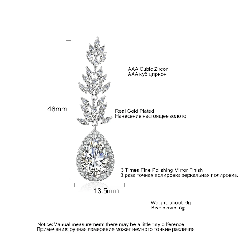 Бренд ZAKOL, высокое качество, белое золото, цветная слеза, кристалл, длинные висячие серьги, модные циркониевые листья, Женские Ювелирные изделия FSEP2180