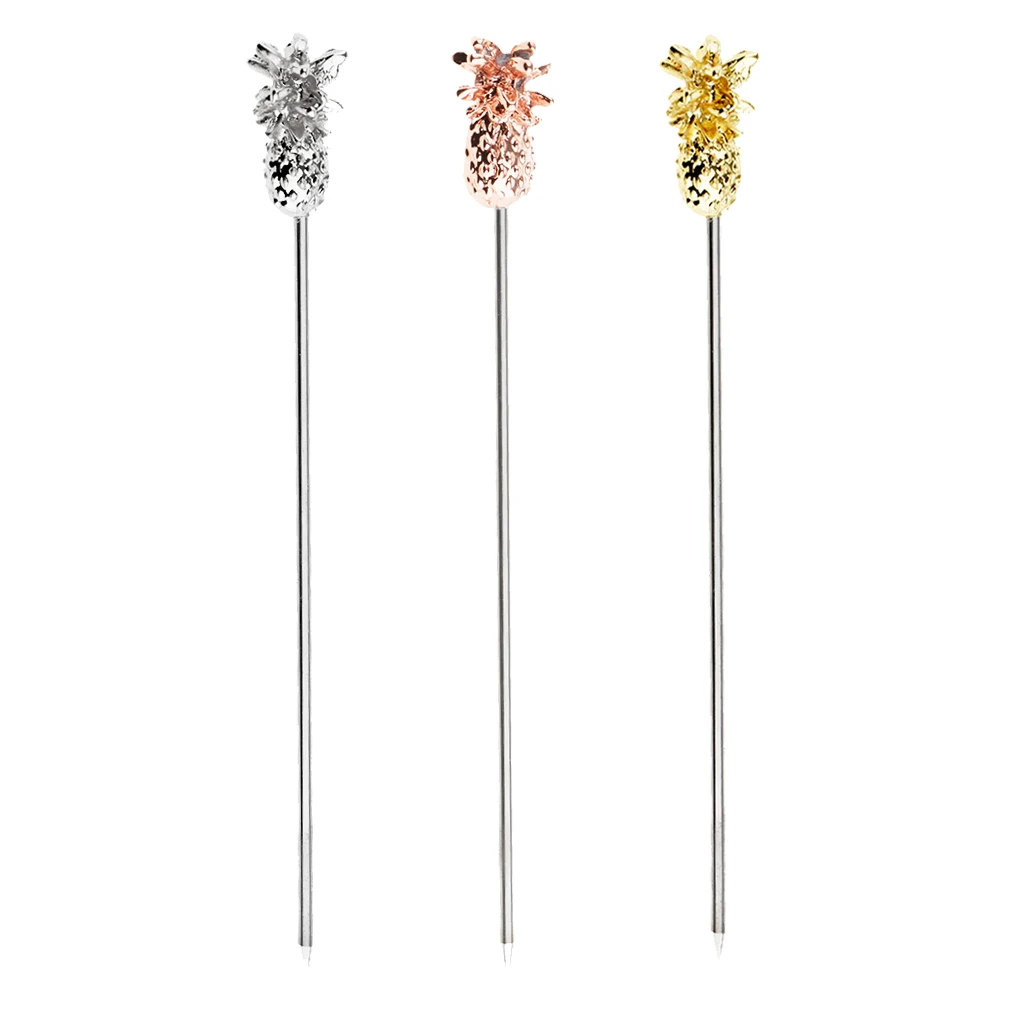 3Pcs Stainless Steel Swizzle Sticks Fruit Pineapple Stick Cocktail Pick for Kitchen Party Bar Accessory Rose Gold/Silver/Gold