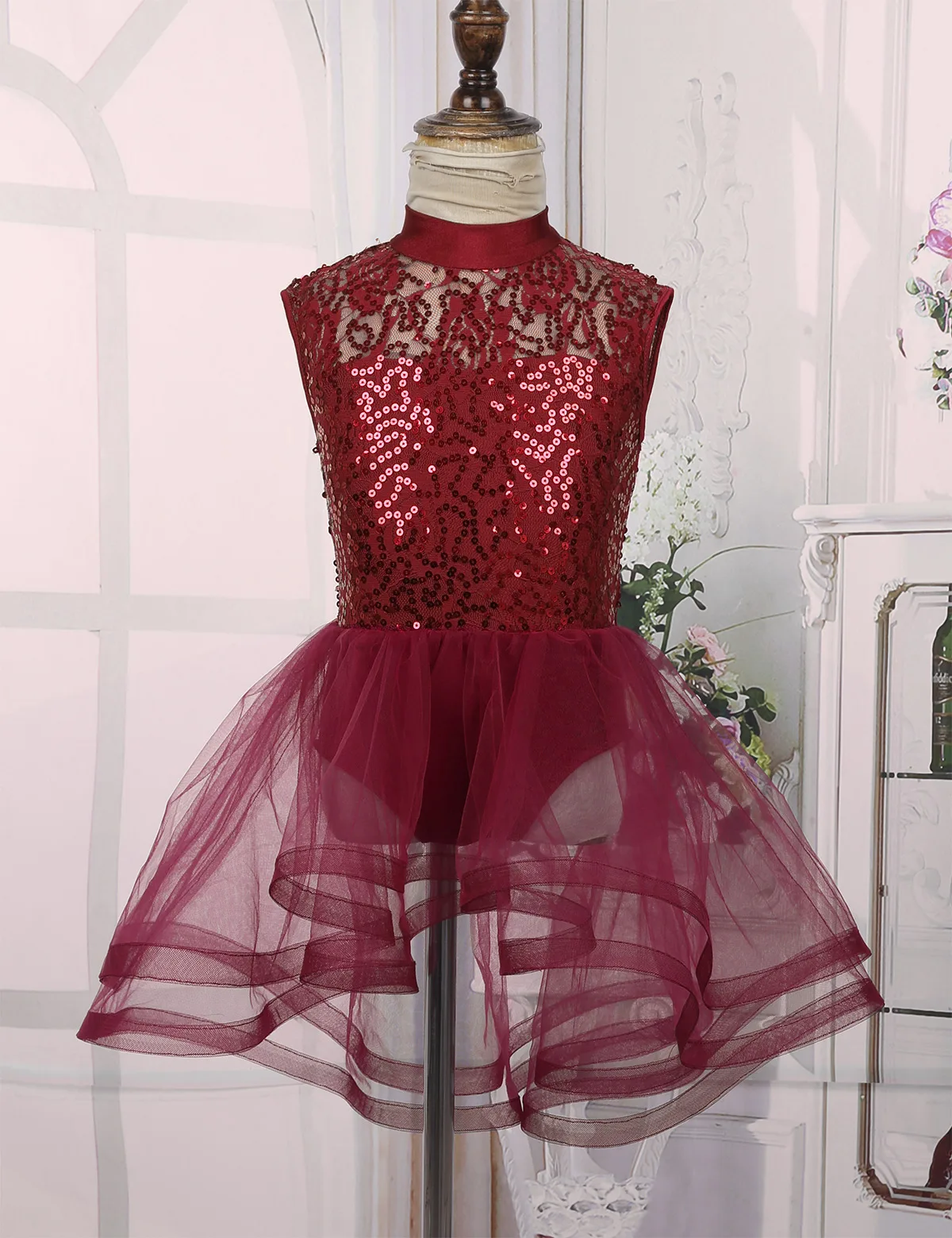 Girls Sequins Mesh Tutu Ballet Dresses Figure Ice Skating Dress Gymnastics Leotard Performance Competition Lyrical Dance Costume