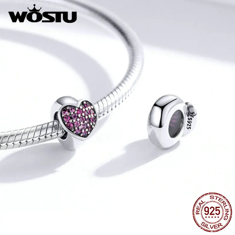 WOSTU Настоящее 925 пробы, серебряные силиконовые бусины в форме сердца, циркониевые пробки, браслет, ювелирные изделия с бриллиантами CQC1336