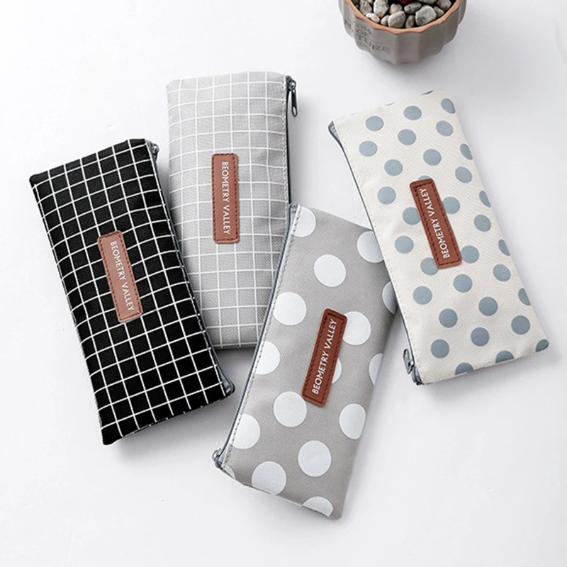 

Black Pencil Case Simple Plaid Dot Solid Color School Pencil Case For Girls Boys Cute Canvas Pencil Bag Box Supplies Stationery
