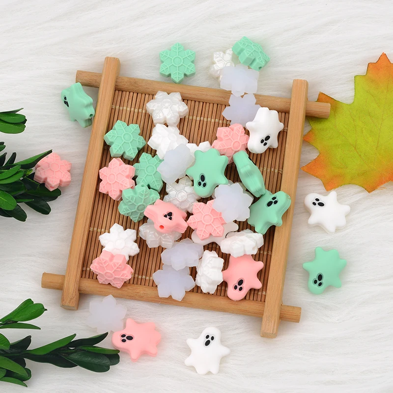 LOFCA 5pcs Baby Teether Food Grade Silicone Snowflake Beads BPA Free Mini Ghost Baby Teething Toy Halloween Pacifier Chain Gifts