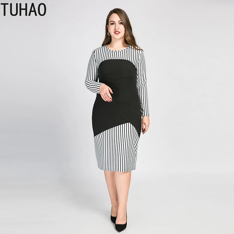 

TUHAO Plus Size 8XL 7XL 6XL 5XL Fashion Summer Patchwork STRIPED Work Office Dress Women Casual OL Dresses Vestido De Festa WM23