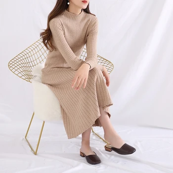 

Autumn and winter new long-sleeved long knee-knit dress cashmere long skirt ladies sweater knit bottom skirt