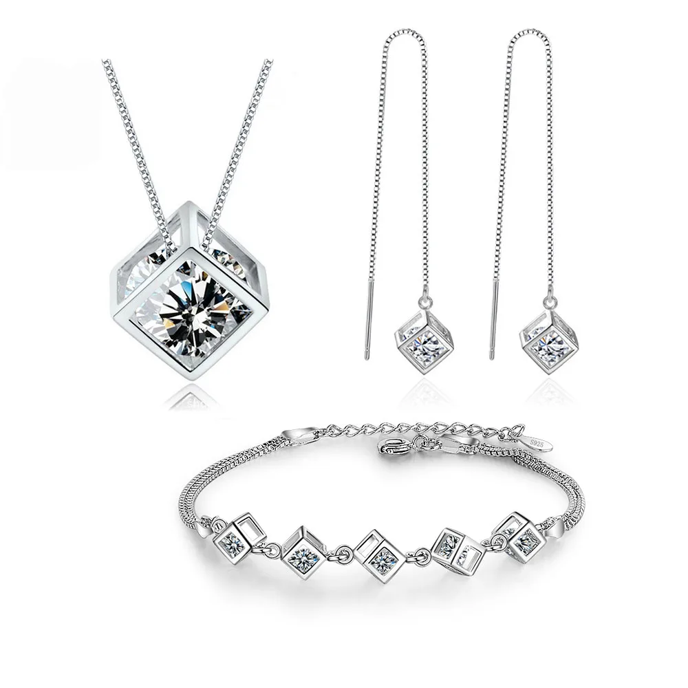 925 Sterling Silver Luxury Shiny Square Cube Necklace Earrings Bracelet For Women Gift Zircon Anniversary | Украшения и