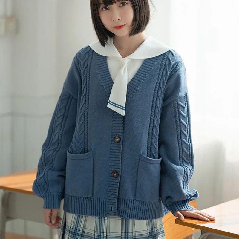 

Button up Cardigan Blue Women Winter Pastel 2020 White Cute Fashionable Cotton Court Knitted Japan Style Solid Single Breasted