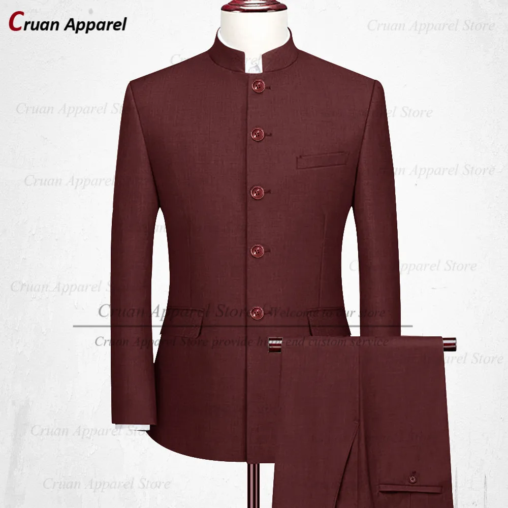 

Brand Classic Designs Chinese Tunic Suits Men Set Slim fit Best Man Groom Wedding Tuxedo Burgundy Stand Collar Blazer Pants 2Pcs