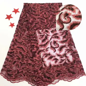 

Latest wine African Lace Fabric High Quality sequins French Lace Fabric Nigerian Lace Fabrics for Wedding Tulle Lace FFD-925
