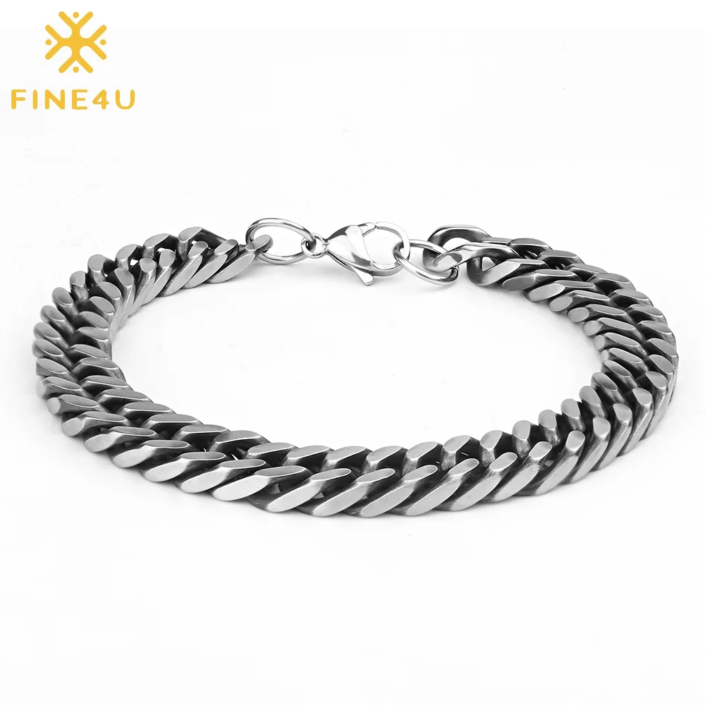 FINE4U B209 браслет из нержавеющей стали с широкой панцирной цепью для мужчин и женщин панк двойной кубинский Rombo Link браслеты