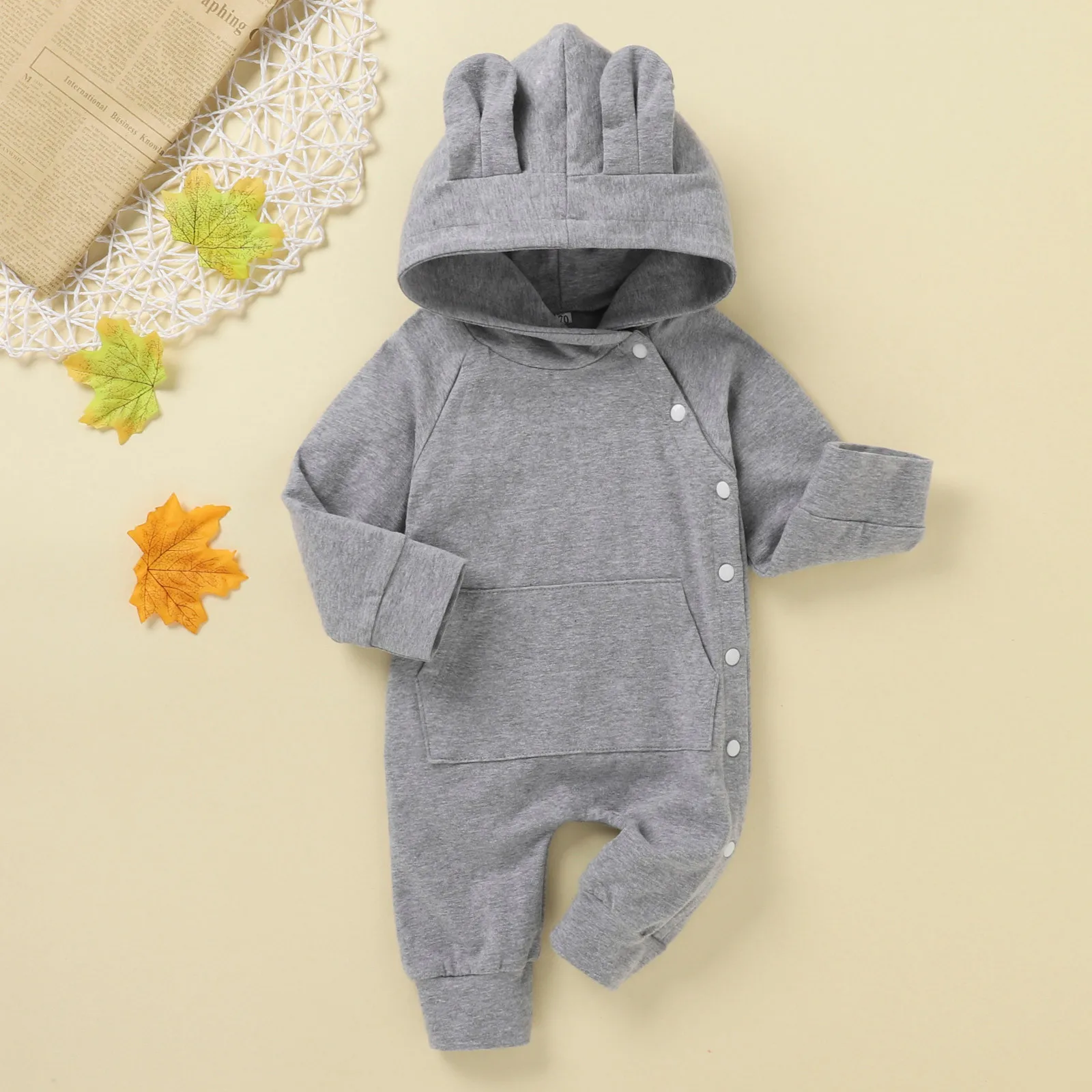 Newborn Infant Baby Girls&Boys Long Sleeve Solid Hooded Jumpsuit Romper Clothes 
