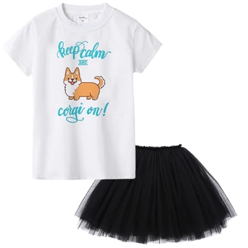 

Cute Corgi Print Summer Girl Clothes Girls Clothing Sets Fashion Short Sleeve Shirt+black Net Skirt Casual 2PCS Girls Suits