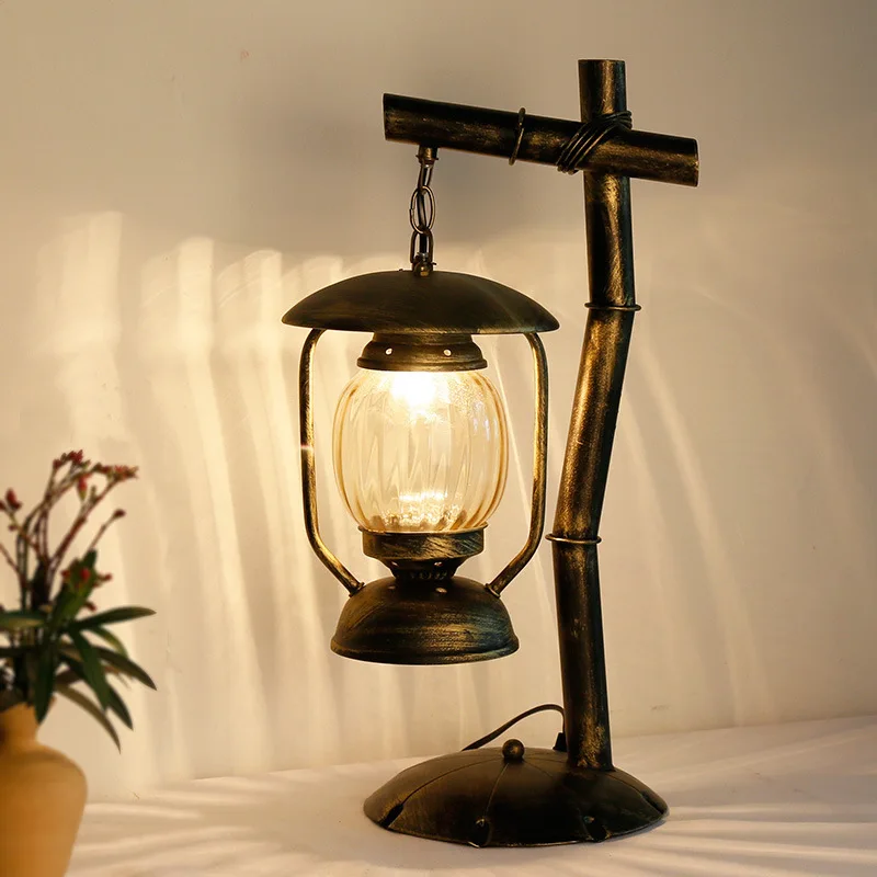 

Retro personality desk lamp, wrought iron single study bedroom lamp teahouse, lamps and lanterns design glass lamp