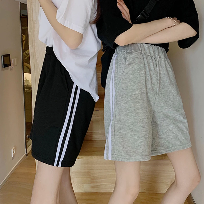 

Five Points Sport Women Shorts 2020 Summer Loose Wide High Waist Shorts Student Casual Black Gray Striped Short Pants Oversized