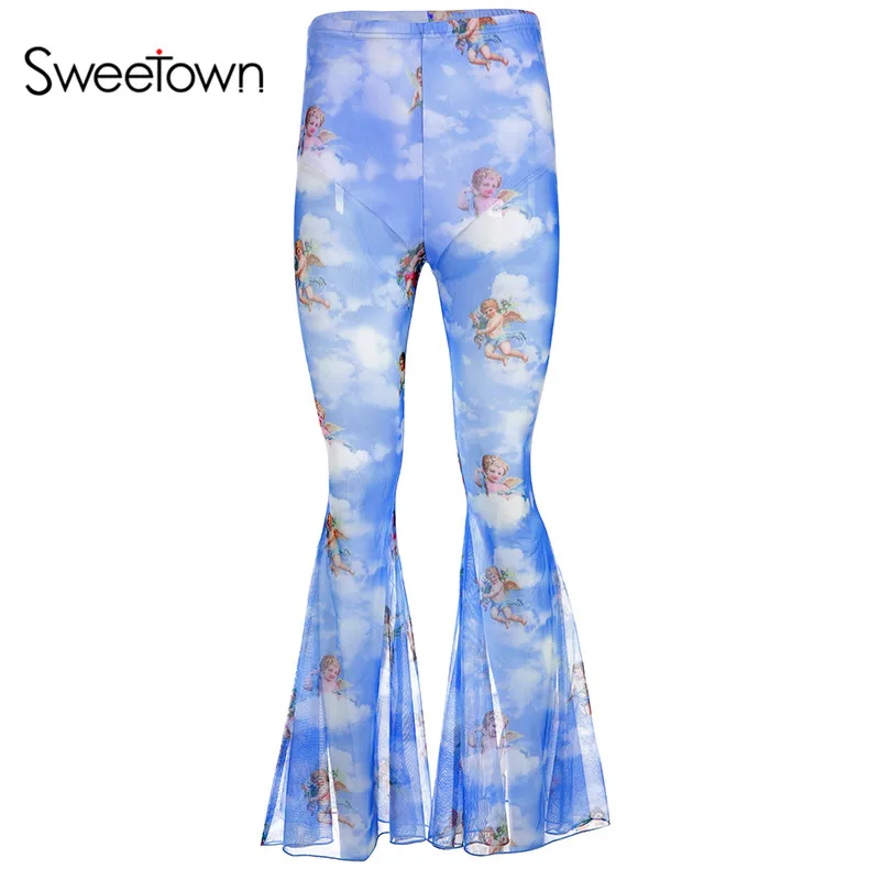 Sweetown Angel Print Kawaii сетчатые прозрачные сексуальные Boho штаны с высокой талией женские двухслойные высокие расклешенные брюки летние - Цвет: as picture