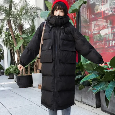 black Harajuku модные повседневные свободные зимние куртки с карманами, женские длинные стеганые пальто со стоячим воротником, Женская однотонная парка, топ, большие размеры, f2194 - Цвет: black
