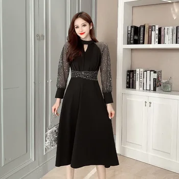 

Photo Shoot Elegant Evening Dress Female Autumn Banquet Nobility Black Long Sleeves Short-height Annual General Meeting Debutant