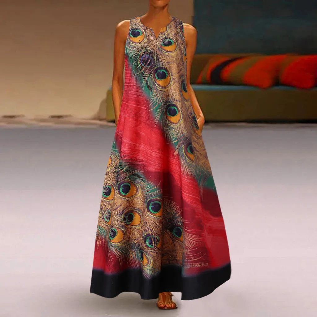 Sleeveless Dress Vetements Femme Peacock Feather Stylish Long Maxi Boho Women Summer Beach Plus Size | Женская одежда