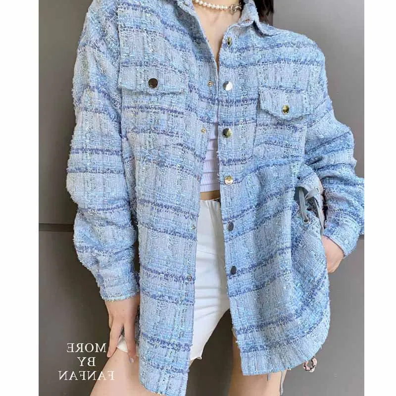 Thin Mid-length Tweed Jacket Female Plaid Blue