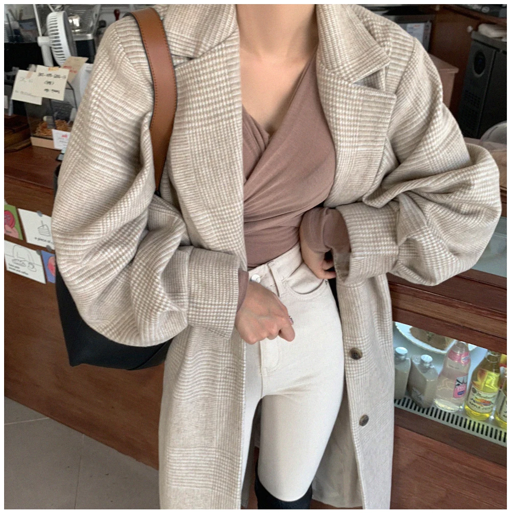 [EWQ] осеннее Новое однобортное шерстяное пальто с отворотом и рукавами-фонариками в Корейском стиле, свободное Женское пальто QL901