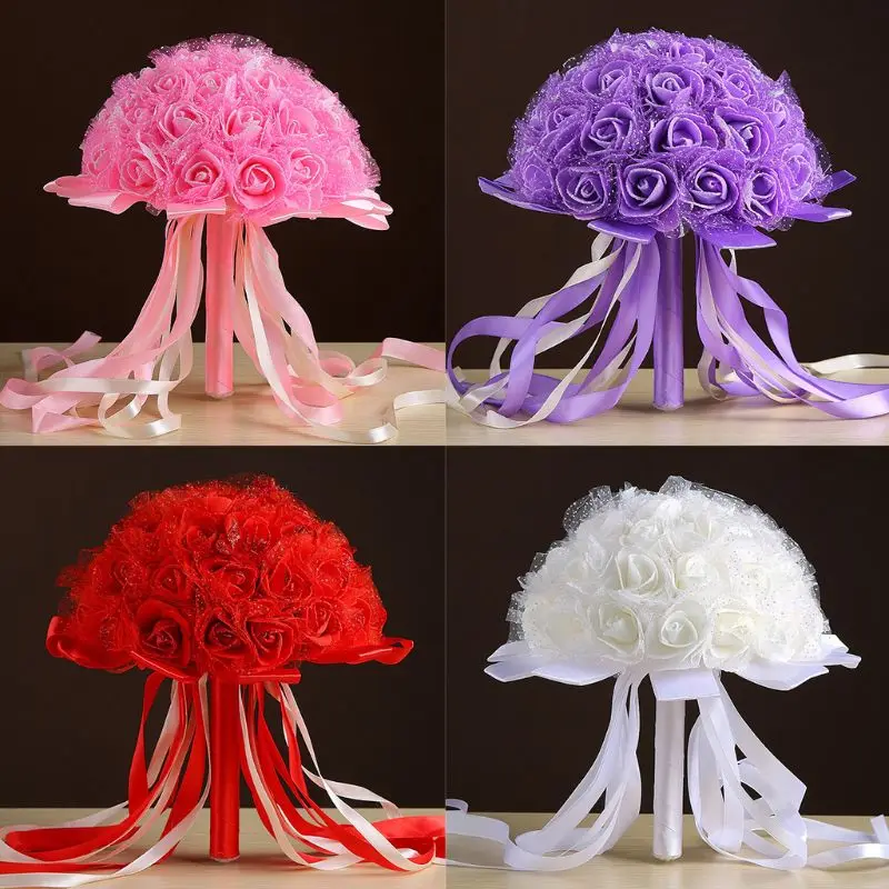 

Artificial Foam Rose Dot Mesh Bouquet Wedding Bridal Bridesmaid Holding Flower with Ribbon Handle Church Party Props Decoration