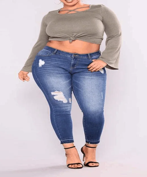 

Women Ripped 2-7XL Plus Size Jeans Elastic Skinny Pencil Pants Washed Hole Casual Jeans
