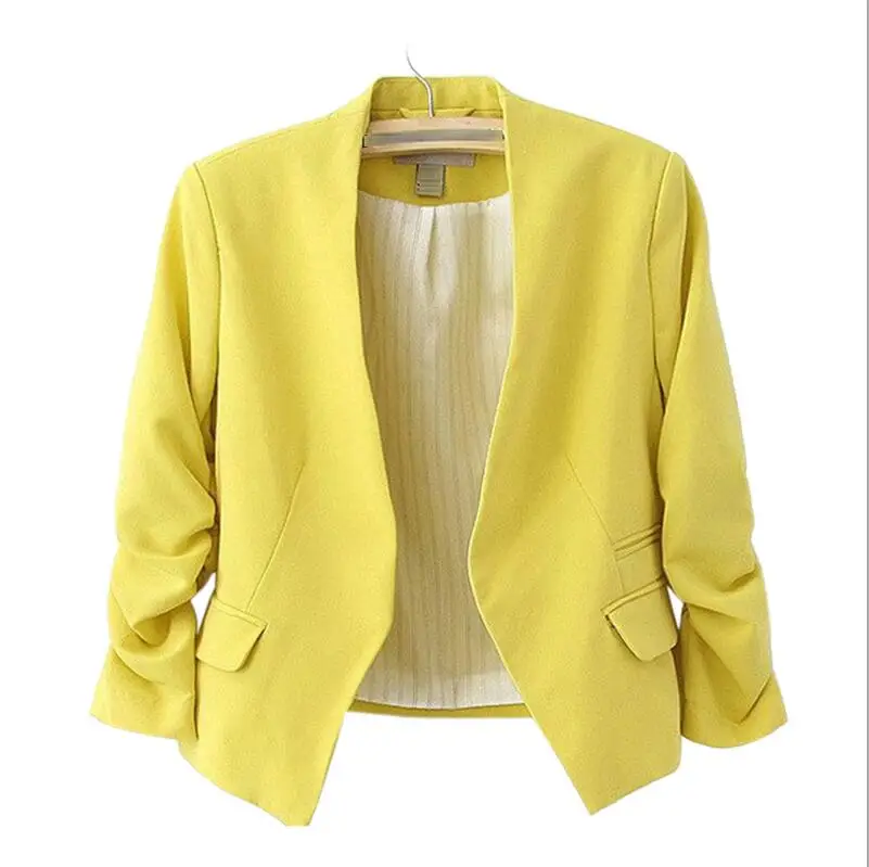 Yellow Женские блейзеры и куртки розовый короткий яркий Блейзер Офисная Женская куртка блейзер Feminino женские топы блейзеры Mujer - Цвет: Yellow