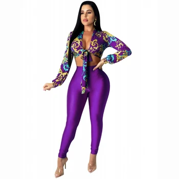 

2020 Women Two Pieces Sets Summer Tracksuits Full Sleeve V-Neck Tops+Pants Suit Sporty Fitness Print Outfits 2 Pcs Street