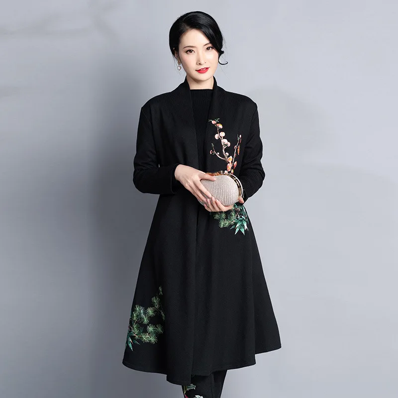 

New Style WOMEN'S Dress Mid-length Trench Coat Autumn Industrial Ethnic-Style Embroidered Long Sleeve V-neck Waipi