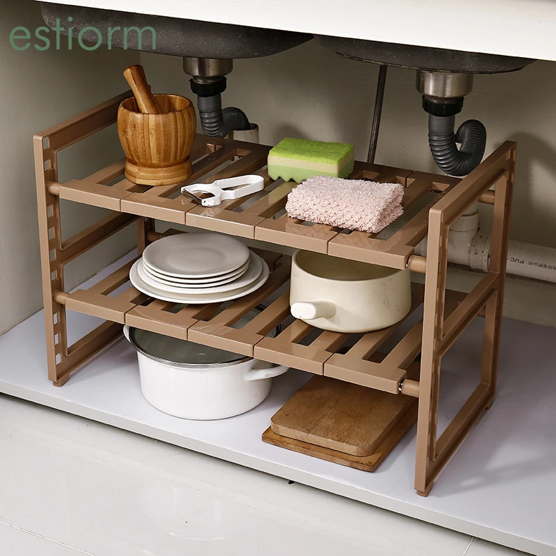 Under Sink Rack 2 Tiers Kitchen Expandable Cabinet Shelf Organizer Bath  Storage