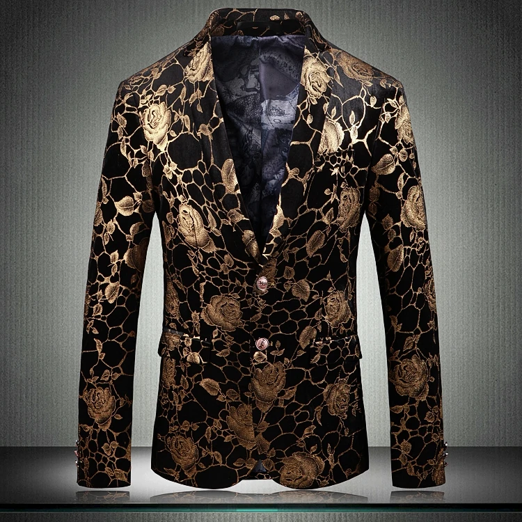 Высококачественный золотой мужской пиджак, повседневный приталенный Блейзер 2019, высококачественный смокинг с розами, модный бренд