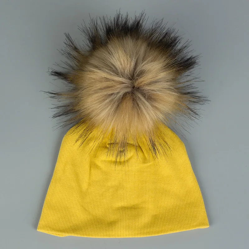 Newborn Baby Boys Girls Cotton Beanies Hats With Big Faux Fur Pompom Solid Cute Girls Hats Cap Hair Accessories - Цвет: 16Yellow