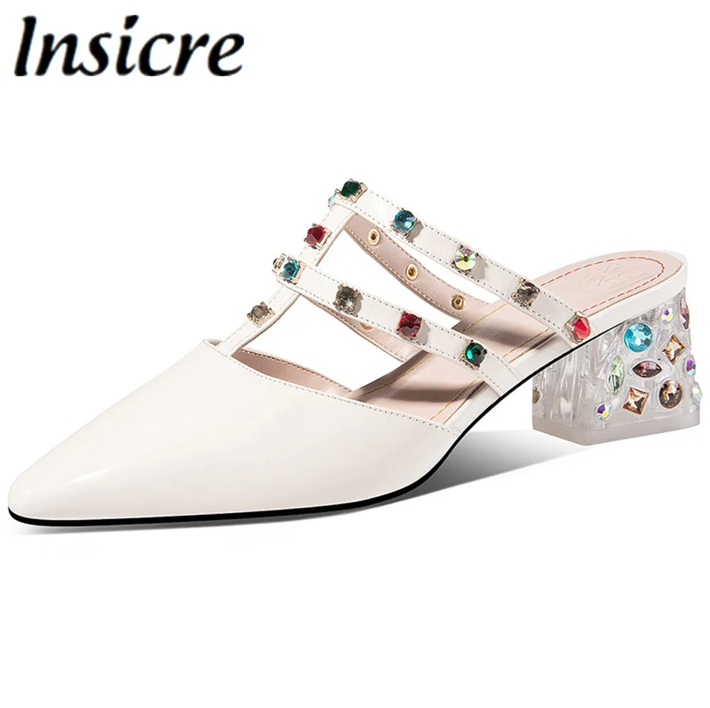 

Insicre Latest Design Women Multicolour Rhinestone Mules Transparent Hogh Square High Heels Pointed Toe Wedding Party Shoes