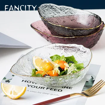 

FANCITY Japanese style glass bowl fruit bowl transparent salad plate vegetable bowl household bird's nest net red gold rim glass
