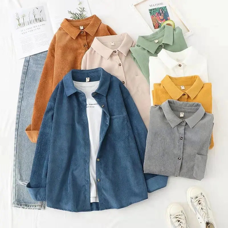 Frühling Herbst Mode Frauen Shirts Cord Stoff Lose Übergroße Bluse Tops Blusas Tasche Einreiher Solide Bluse Weibliche