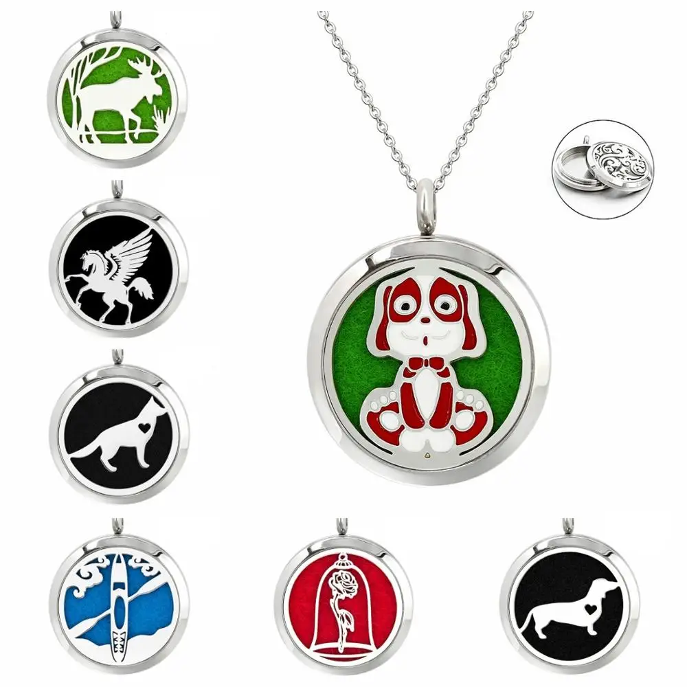 

Flag dog pet dachshund 30mm diffuser locket twist screw Crystal pendant 316L Stainless Steel Perfume necklace chain 10pad