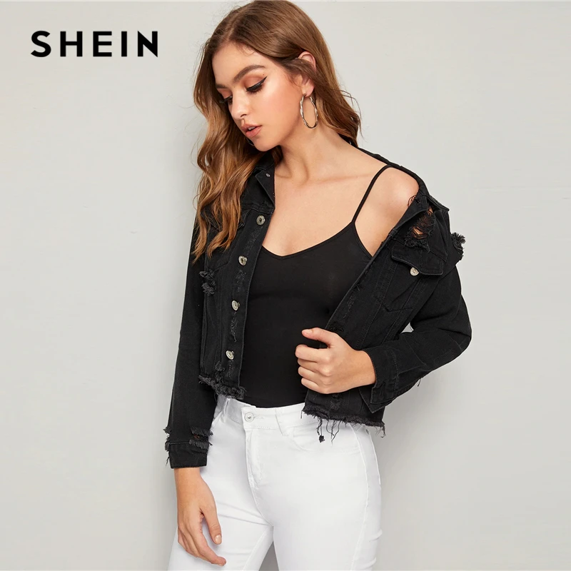 SHEIN черный Error source необработанный край джинсовая куртка пальто для женщин весна осень однобортный уличная одежда с длинным рукавом повседневные куртки