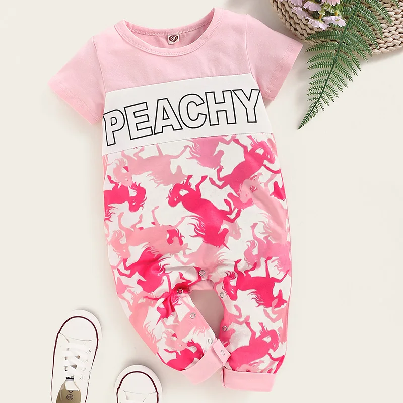 

Newborn Gift Baby Girl Clothes 0 3 Months Pink Peachy Letters Cartoon Unicorn Print Girls Short Sleeve Romper Toddlers Jumpsuit