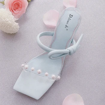 

kmeioo fashion blue sweet sandals Strange Style heel shoes woman outside slides slip-on slippers chunky heels pearl dress shoes