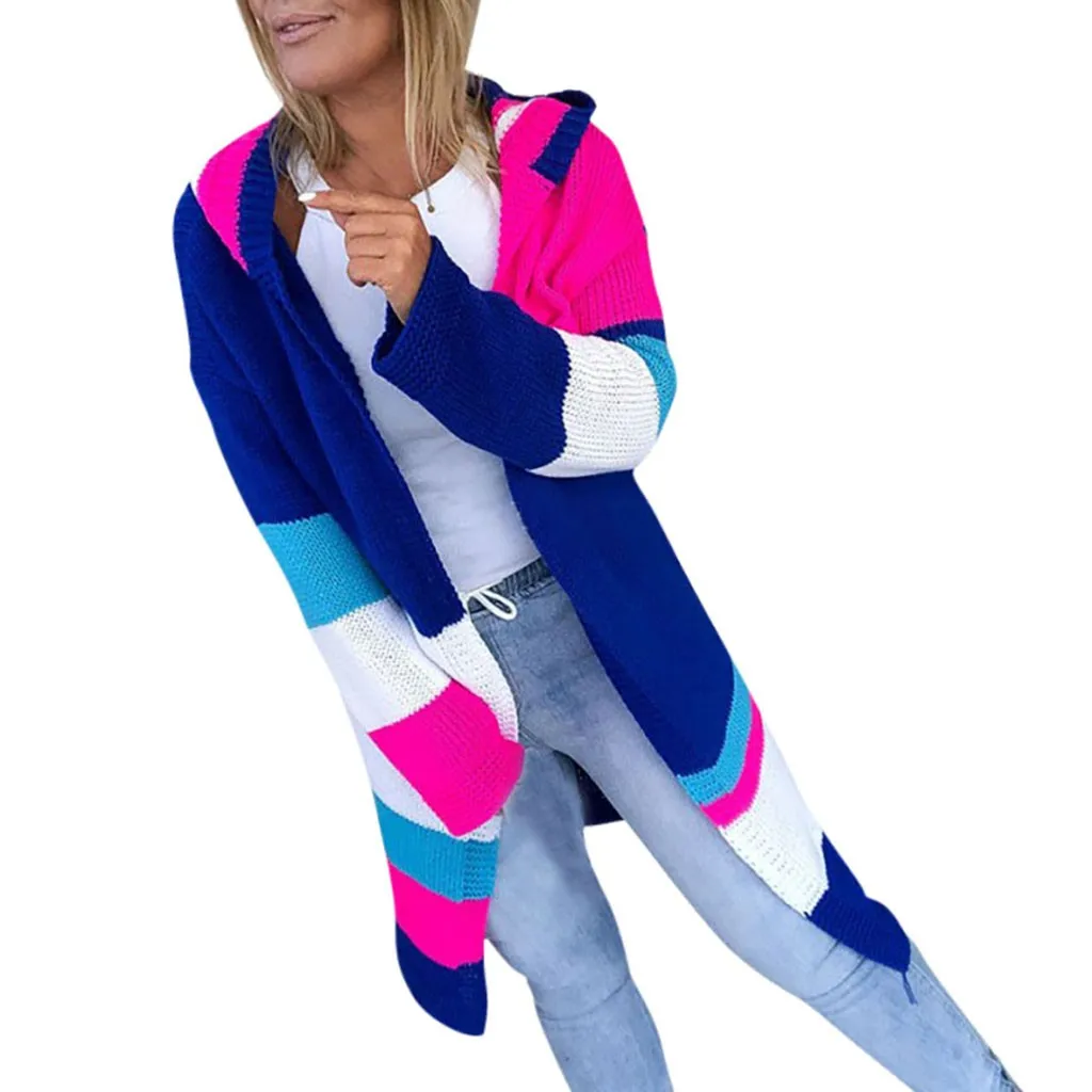 Свободный страусиный женский модный Повседневный вязаный свитер с длинными рукавами в стиле пэчворк акриловый кардиган, пальто, разноцветный длинный свитер с отстрочкой - Цвет: Dark blue