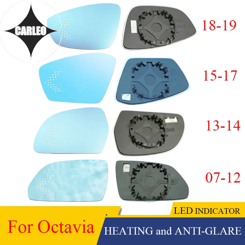

Car Side View Mirror Lens for Skoda Octavia 2007-2019 Blue HD Glass Large Angle view With Heating Function& LED Indicator Light