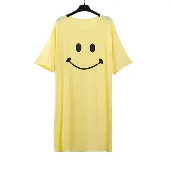 

Women Half Sleeve Knee Length Nightdress Cute Cartoon Smiling Face Bright Candy Color Sleepwear O-Neck Pullover Loose Loungewear