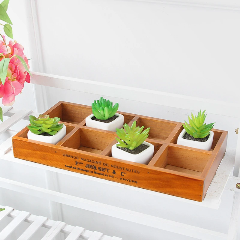 

8-Slots Vintage Wooden Boxes Retro Bonsai Flatware Tray Flower Pot Kitchen Desktop Storage Case Practical Planting Storage Box