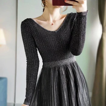 

2020 New Women's Midi Dress French Style Shiny Gold Wire Ladies Knitted V-neck Female Waist Pleated Mesh Long Dress