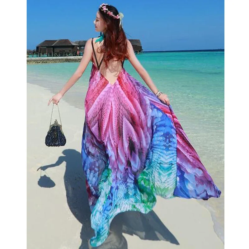 colorful gradient print rainbow dress beach clothes for women bohemian chiffon dress strappy shoulder straps maxi backless dress1