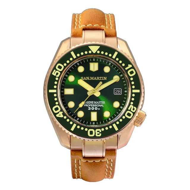 San Martin Diver Watch CuSn8 Bronze MM300 PT5000 Automatic Men Mechanical Watches Leather 300m Water Resistant Luminous Relojes Green NH35
