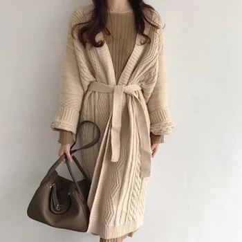 

2020 New Autumn and Winter Twist Retro Thick Cardigan Jacket Women Slim Casual Sweater Mid-long Outwear Knitted Coat